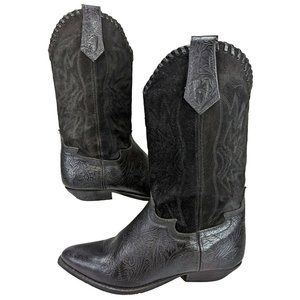 Vintage Seychelles Black Suede Embossed Leather Braided Pointed Cowboy Boots 7